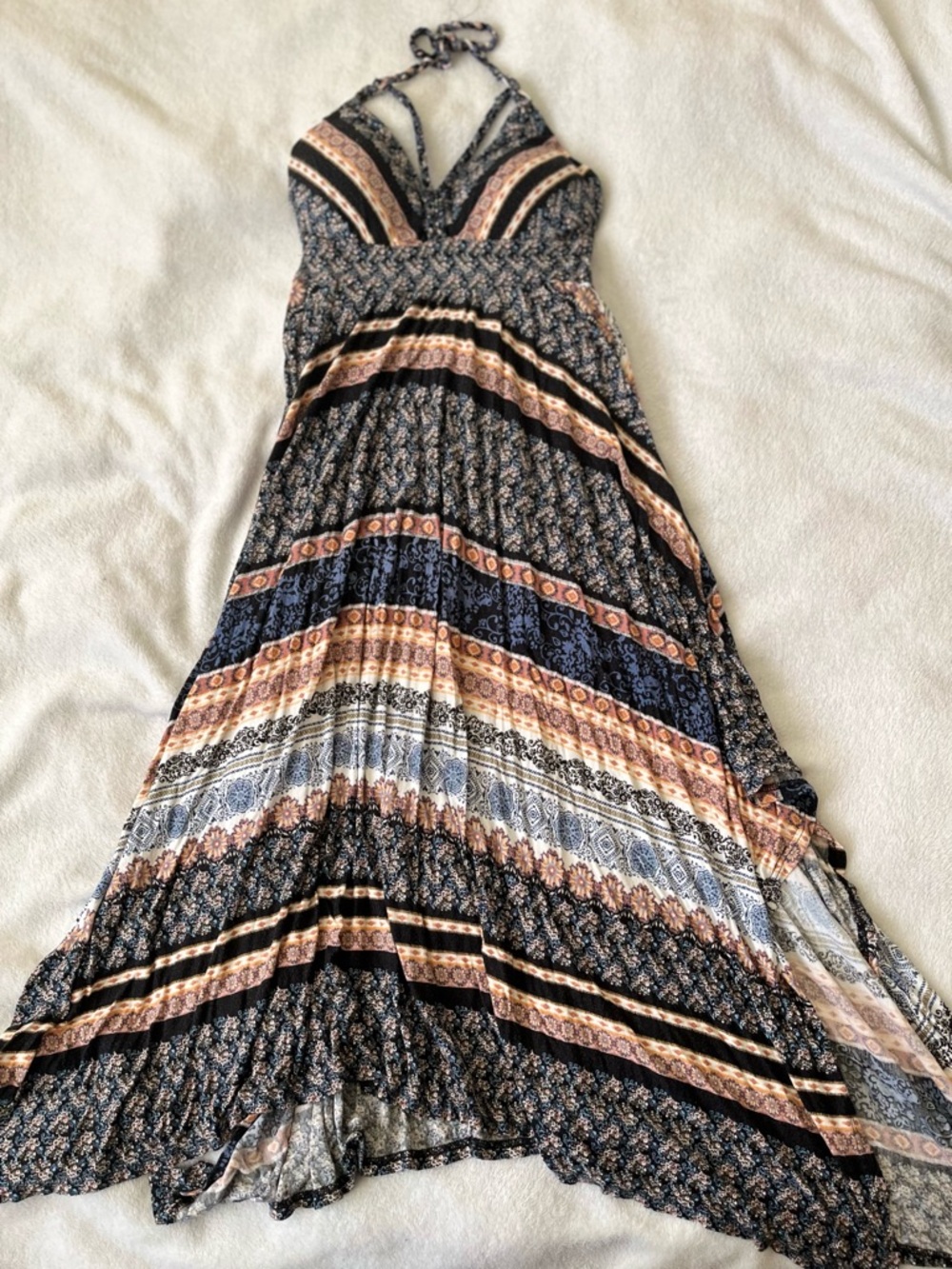 Bohemian Striped Halter Maxi Dress in Black and Navy and Orange